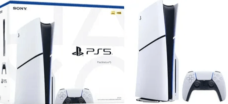 caixa Playstation 5, demonstrando o video game e controle na cor branca e preto